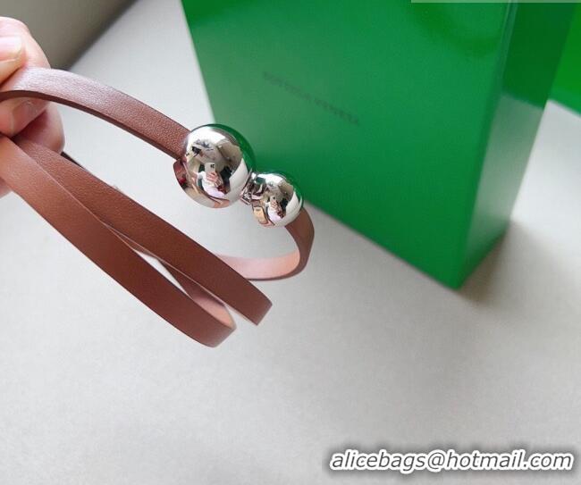 Luxury Cheap Bottega Veneta Calfskin Belt with Silver Spheres Buckle 0315 Light Brown 2025