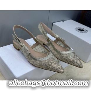 Good Quality Dior J'Adior Slingback Ballets Flat in Transparent Mesh Embroidered with Millefiori Motif in Gold-Tone Stra