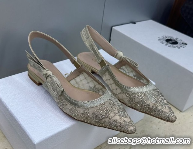 Good Quality Dior J'Adior Slingback Ballets Flat in Transparent Mesh Embroidered with Millefiori Motif in Gold-Tone Stra