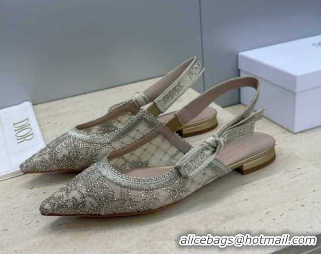Good Quality Dior J'Adior Slingback Ballets Flat in Transparent Mesh Embroidered with Millefiori Motif in Gold-Tone Stra