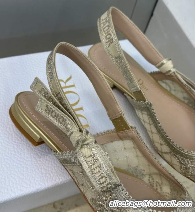 Good Quality Dior J'Adior Slingback Ballets Flat in Transparent Mesh Embroidered with Millefiori Motif in Gold-Tone Stra