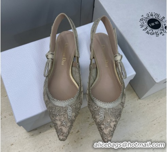 Good Quality Dior J'Adior Slingback Ballets Flat in Transparent Mesh Embroidered with Millefiori Motif in Gold-Tone Stra