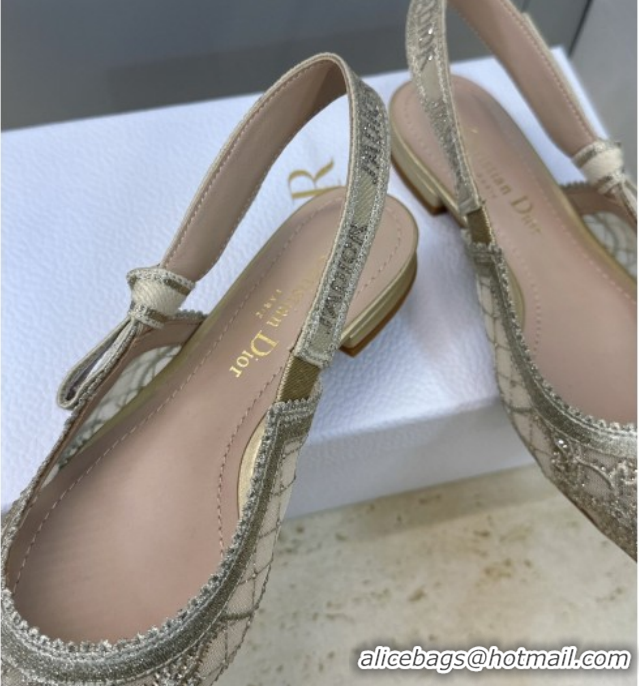 Good Quality Dior J'Adior Slingback Ballets Flat in Transparent Mesh Embroidered with Millefiori Motif in Gold-Tone Stra