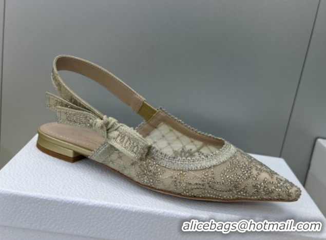 Good Quality Dior J'Adior Slingback Ballets Flat in Transparent Mesh Embroidered with Millefiori Motif in Gold-Tone Stra