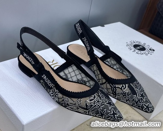 Grade Quality Dior J'Adior Slingback Ballets Flat in Transparent Mesh Embroidered with Millefiori Motif in Silver-Tone S