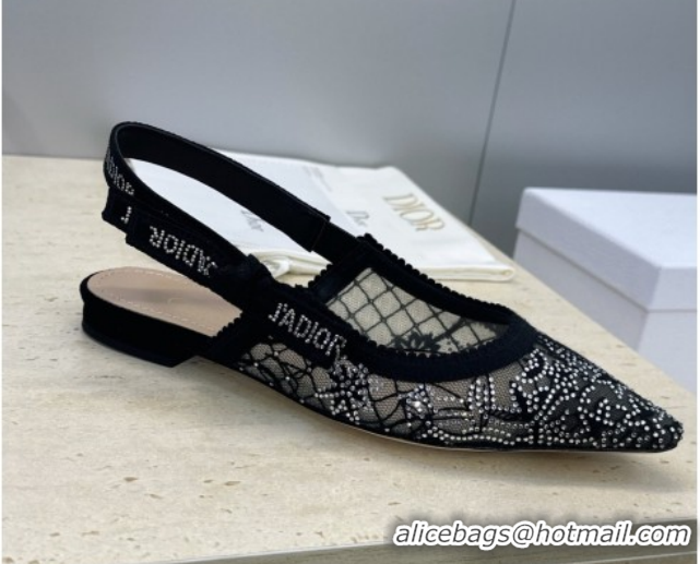 Grade Quality Dior J'Adior Slingback Ballets Flat in Transparent Mesh Embroidered with Millefiori Motif in Silver-Tone S