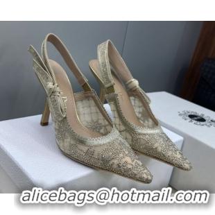 Best Grade Dior J'Adior Slingbacks Pump 9.5cm in Transparent Mesh Embroidered with Millefiori Motif in Gold-Tone Strass 