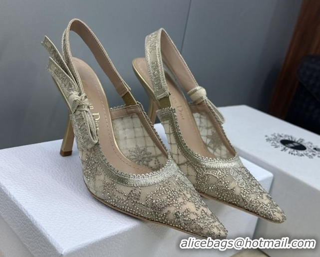 Best Grade Dior J'Adior Slingbacks Pump 9.5cm in Transparent Mesh Embroidered with Millefiori Motif in Gold-Tone Strass 