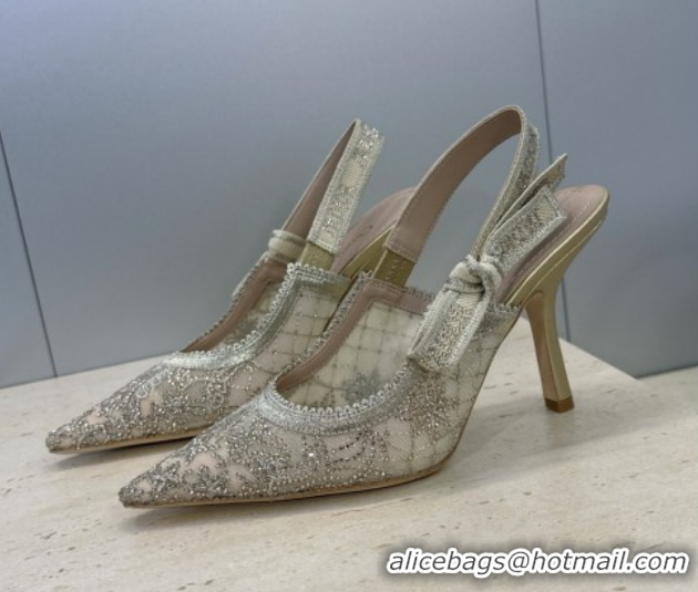 Best Grade Dior J'Adior Slingbacks Pump 9.5cm in Transparent Mesh Embroidered with Millefiori Motif in Gold-Tone Strass 