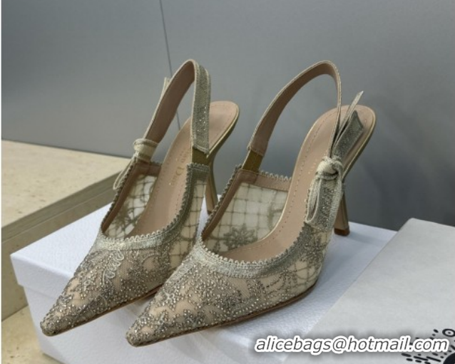 Best Grade Dior J'Adior Slingbacks Pump 9.5cm in Transparent Mesh Embroidered with Millefiori Motif in Gold-Tone Strass 