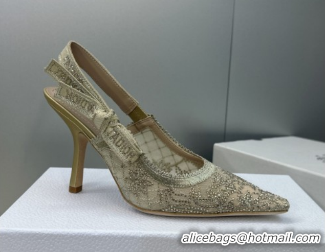 Best Grade Dior J'Adior Slingbacks Pump 9.5cm in Transparent Mesh Embroidered with Millefiori Motif in Gold-Tone Strass 