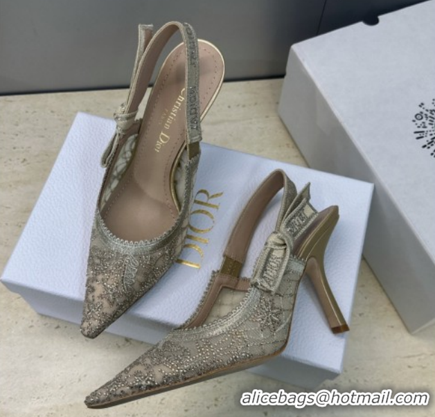 Best Grade Dior J'Adior Slingbacks Pump 9.5cm in Transparent Mesh Embroidered with Millefiori Motif in Gold-Tone Strass 