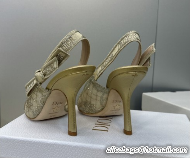 Best Grade Dior J'Adior Slingbacks Pump 9.5cm in Transparent Mesh Embroidered with Millefiori Motif in Gold-Tone Strass 