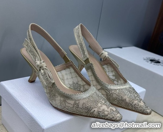 Unique Style Dior J'Adior Slingbacks Pump 6.5cm in Transparent Mesh Embroidered with Millefiori Motif in Gold-Tone Stras