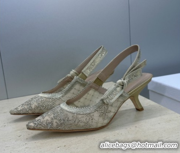 Unique Style Dior J'Adior Slingbacks Pump 6.5cm in Transparent Mesh Embroidered with Millefiori Motif in Gold-Tone Stras