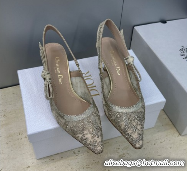 Unique Style Dior J'Adior Slingbacks Pump 6.5cm in Transparent Mesh Embroidered with Millefiori Motif in Gold-Tone Stras