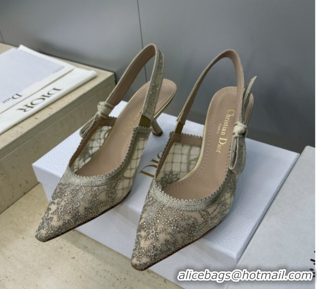 Unique Style Dior J'Adior Slingbacks Pump 6.5cm in Transparent Mesh Embroidered with Millefiori Motif in Gold-Tone Stras