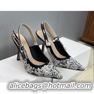 Discount Dior J'Adior Slingbacks Pump 9.5cm in Black Cotton Embroidered with White Floral Motif 2026 0302051