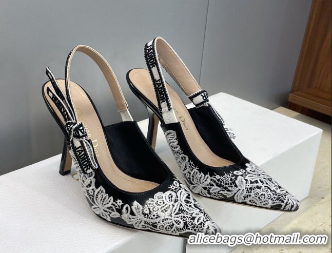 Discount Dior J'Adior Slingbacks Pump 9.5cm in Black Cotton Embroidered with White Floral Motif 2026 0302051