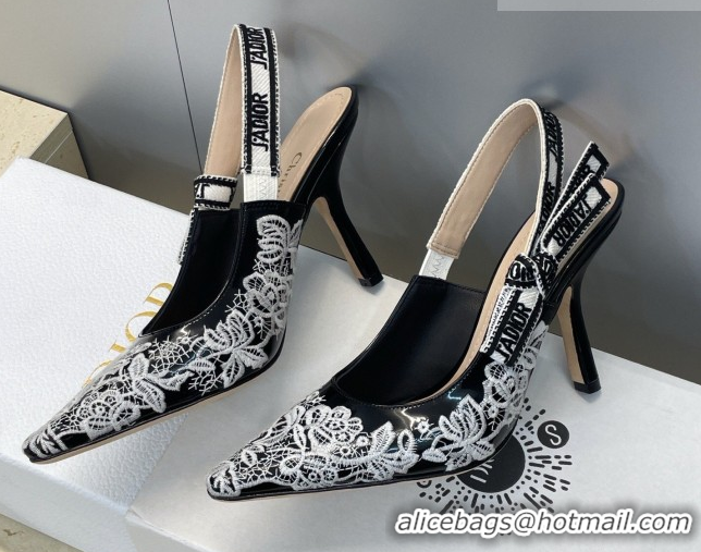 Discount Dior J'Adior Slingbacks Pump 9.5cm in Black Cotton Embroidered with White Floral Motif 2026 0302051