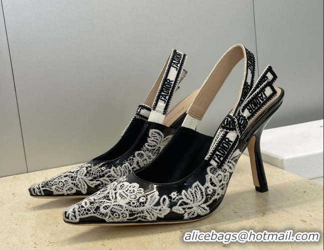 Discount Dior J'Adior Slingbacks Pump 9.5cm in Black Cotton Embroidered with White Floral Motif 2026 0302051