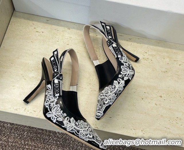 Discount Dior J'Adior Slingbacks Pump 9.5cm in Black Cotton Embroidered with White Floral Motif 2026 0302051