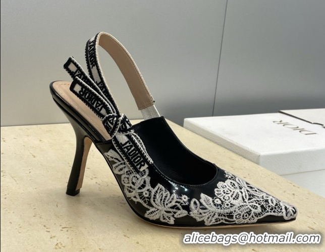 Discount Dior J'Adior Slingbacks Pump 9.5cm in Black Cotton Embroidered with White Floral Motif 2026 0302051