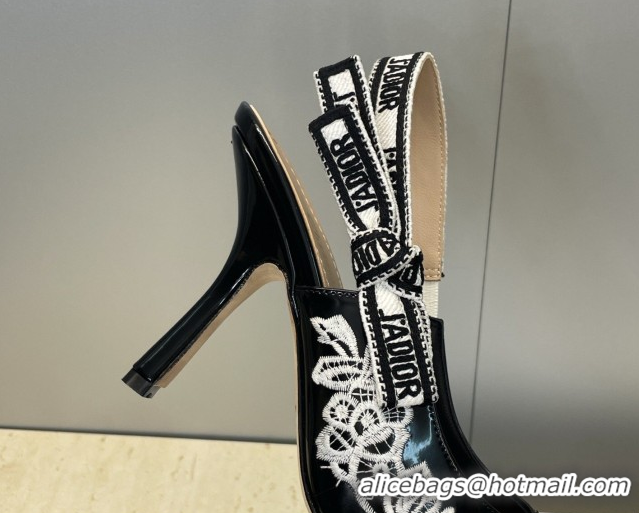 Discount Dior J'Adior Slingbacks Pump 9.5cm in Black Cotton Embroidered with White Floral Motif 2026 0302051