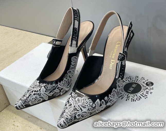 Discount Dior J'Adior Slingbacks Pump 9.5cm in Black Cotton Embroidered with White Floral Motif 2026 0302051