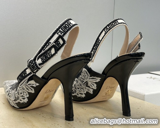 Discount Dior J'Adior Slingbacks Pump 9.5cm in Black Cotton Embroidered with White Floral Motif 2026 0302051
