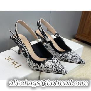 Best Price Dior J'Adior Slingbacks Pump 6.5cm in Black Cotton Embroidered with White Floral Motif 2026 0302052