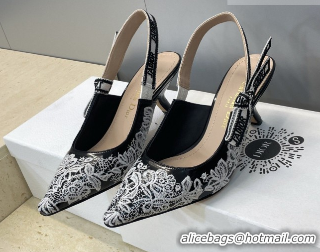 Best Price Dior J'Adior Slingbacks Pump 6.5cm in Black Cotton Embroidered with White Floral Motif 2026 0302052