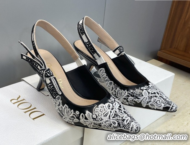 Best Price Dior J'Adior Slingbacks Pump 6.5cm in Black Cotton Embroidered with White Floral Motif 2026 0302052