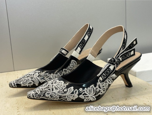 Best Price Dior J'Adior Slingbacks Pump 6.5cm in Black Cotton Embroidered with White Floral Motif 2026 0302052