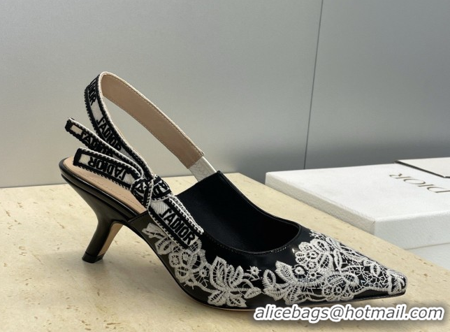 Best Price Dior J'Adior Slingbacks Pump 6.5cm in Black Cotton Embroidered with White Floral Motif 2026 0302052