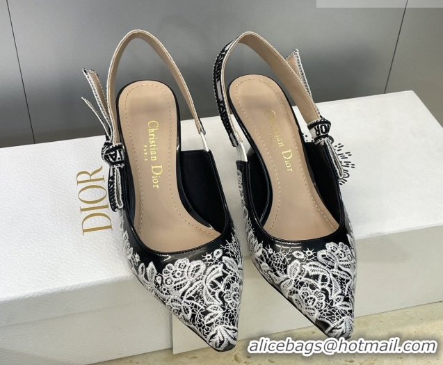 Best Price Dior J'Adior Slingbacks Pump 6.5cm in Black Cotton Embroidered with White Floral Motif 2026 0302052