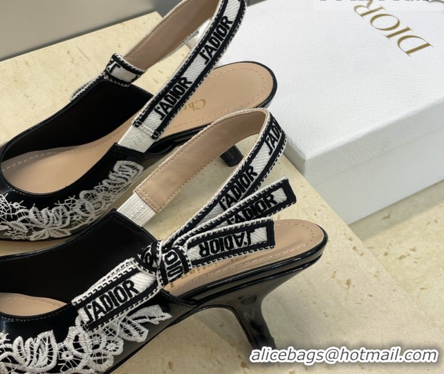 Best Price Dior J'Adior Slingbacks Pump 6.5cm in Black Cotton Embroidered with White Floral Motif 2026 0302052
