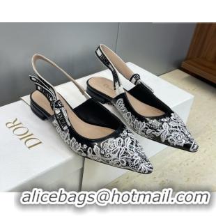Top Design Dior J'Adior Slingbacks Ballets Flat in Black Cotton Embroidered with White Floral Motif 2026 0302053