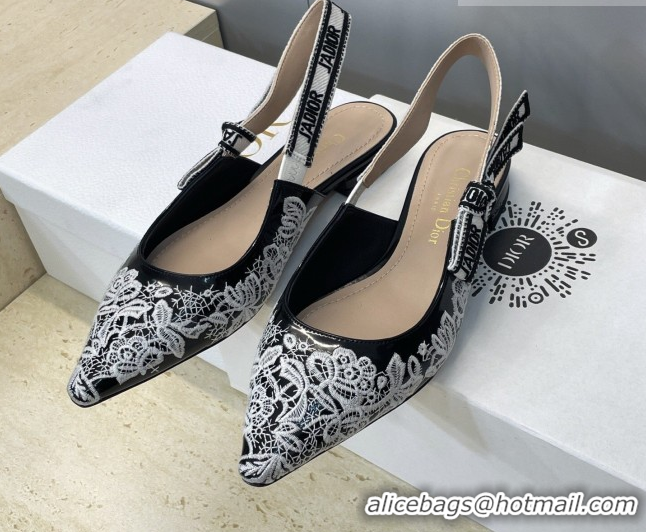 Top Design Dior J'Adior Slingbacks Ballets Flat in Black Cotton Embroidered with White Floral Motif 2026 0302053