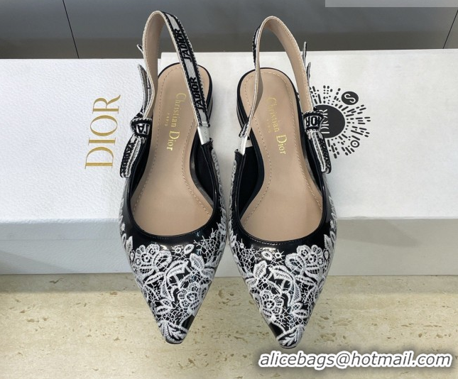 Top Design Dior J'Adior Slingbacks Ballets Flat in Black Cotton Embroidered with White Floral Motif 2026 0302053