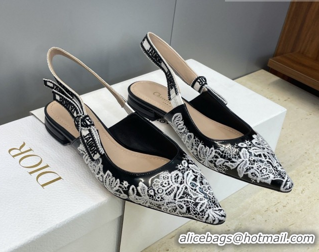 Top Design Dior J'Adior Slingbacks Ballets Flat in Black Cotton Embroidered with White Floral Motif 2026 0302053