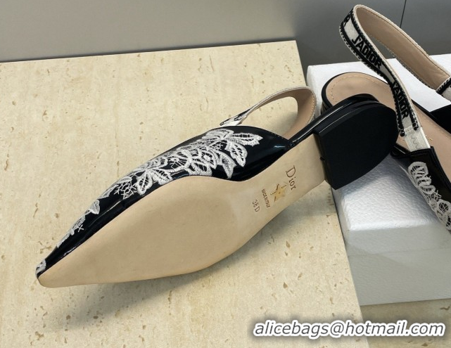 Top Design Dior J'Adior Slingbacks Ballets Flat in Black Cotton Embroidered with White Floral Motif 2026 0302053