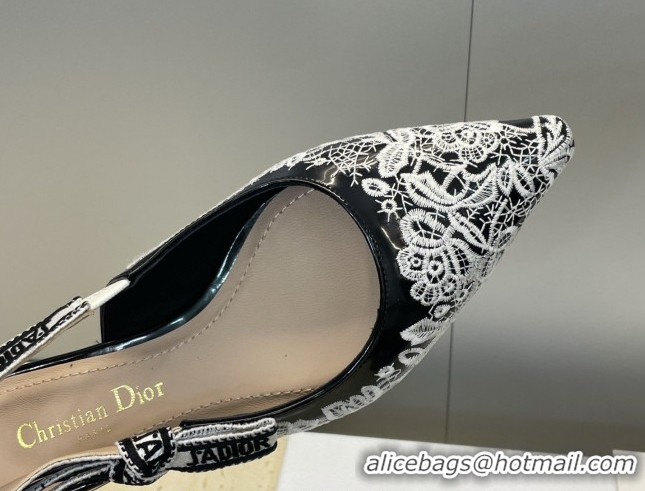 Top Design Dior J'Adior Slingbacks Ballets Flat in Black Cotton Embroidered with White Floral Motif 2026 0302053