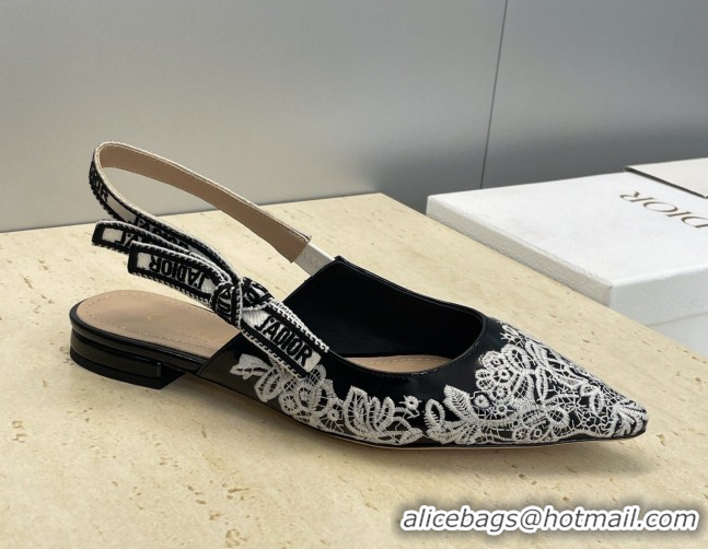 Top Design Dior J'Adior Slingbacks Ballets Flat in Black Cotton Embroidered with White Floral Motif 2026 0302053