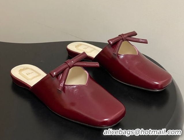 Good Looking Dior Bow Flat Mules in Calfskin Leather Burgundy 2026 DR121702
