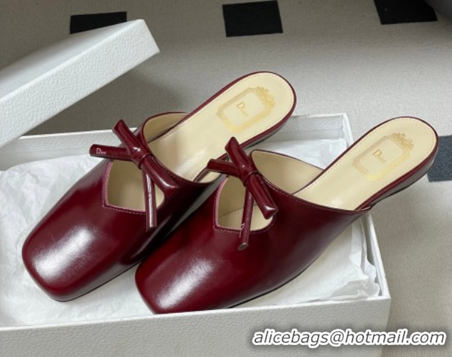 Good Looking Dior Bow Flat Mules in Calfskin Leather Burgundy 2026 DR121702