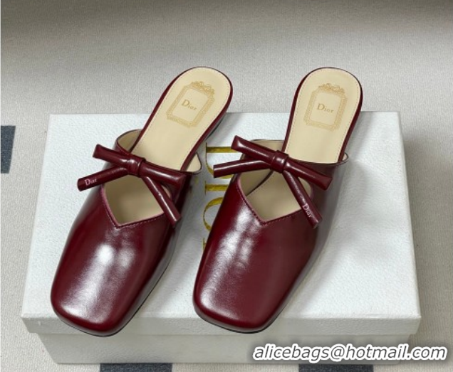 Good Looking Dior Bow Flat Mules in Calfskin Leather Burgundy 2026 DR121702