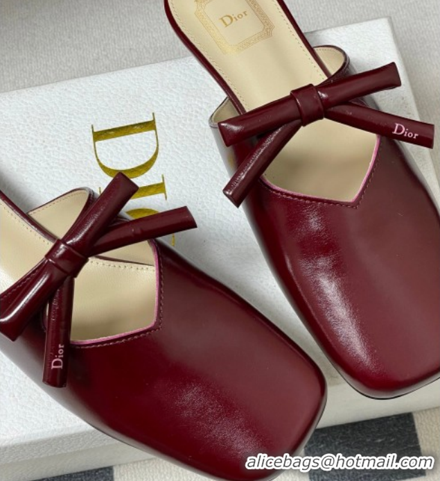 Good Looking Dior Bow Flat Mules in Calfskin Leather Burgundy 2026 DR121702