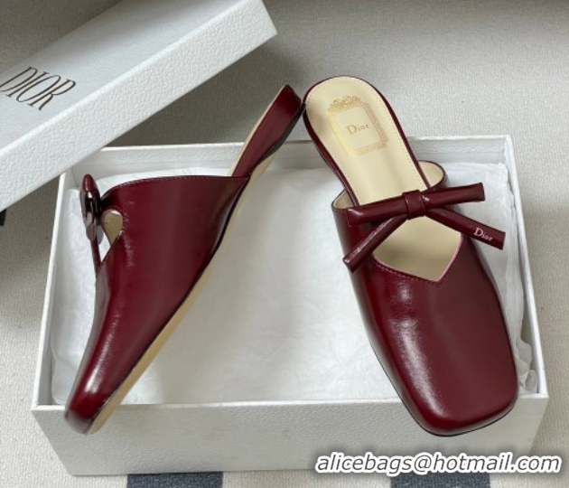 Good Looking Dior Bow Flat Mules in Calfskin Leather Burgundy 2026 DR121702