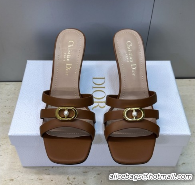 Hot Style Dior Or 30M Heeled Slides Sandal 8cm in Calfskin Leather with CD Pearl Brown 0302072